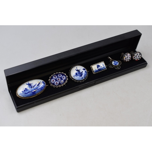 18 - Selection of Mainly Silver Delft Ware and Millefiori Brooches and Earrings