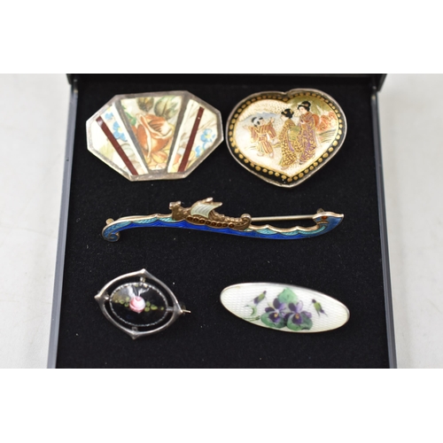 37 - Five Silver and enamelled Vintage Brooches