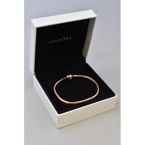 41 - A Pandora 925. Silver Rose Gold Tint Snake Bracelet, In Presentation Box