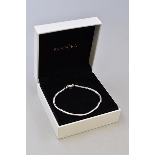 45 - A Pandora 925. Silver Gold Plated Heart Clasped Snake Bracelet, In Presentation Box