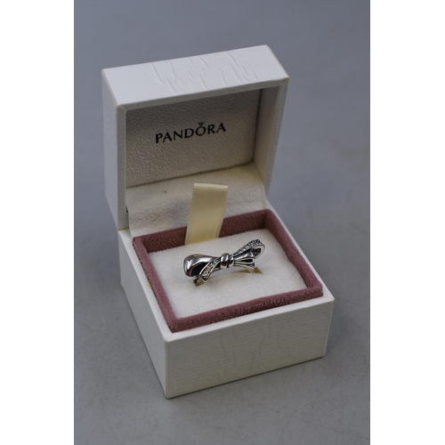 46 - A Pandora 925. Silver Clear Stoned Bow Ring, In Presentation Box. Size L/M