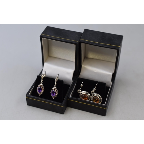 54 - Two Pairs of Silver 925 Earrings Complete with Presentation Boxes (Amethyst and Amber)