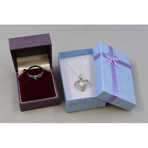 56 - A 925. Silver cz and Mother of Pearl Stoned Heart Pendant Necklace, In Presentation Box