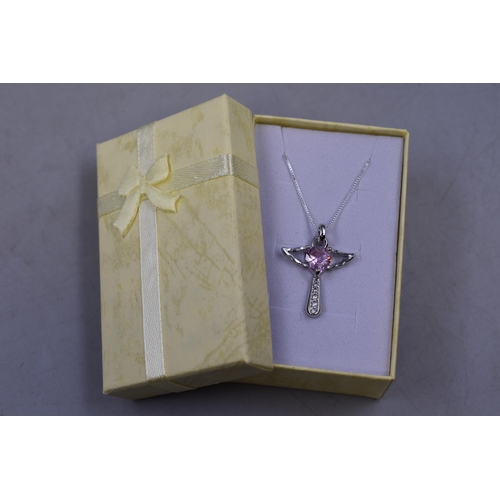 58 - A 925. Silver Clear and Pink Stoned Guardian Angel Pendant Necklace, In Presentation Box