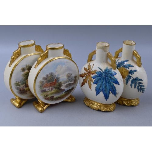 133 - Two Pairs of Vintage Moon Flasks/Vases. Includes Pair of Early Royal Worcester Blue and Gold Gilt (R... 