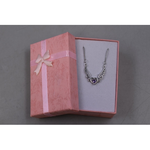 61 - A 925. Silver Purple Stoned Angel Wings Necklace, In Presentation Box