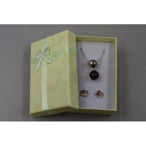 63 - A 925. Silver Ball Necklace, With Pair of 925. Silver Multistoned Earrings. In Presentation Box