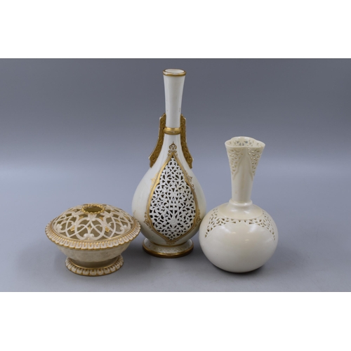 140 - Three Pieces of Grainger & Co Reticulated Ware To Include White Vase (Marked 207 To Base, Chippe... 