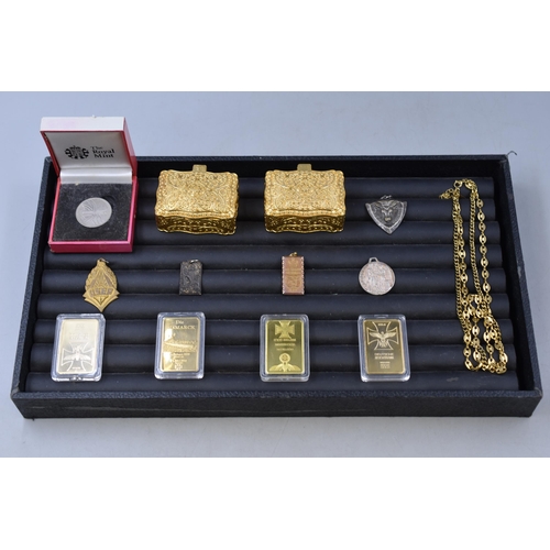 67 - A Mixed Selection To Include Four Nazi Germany Replica Gold Ingots, 14ct Gold Plated Necklace, Comme... 