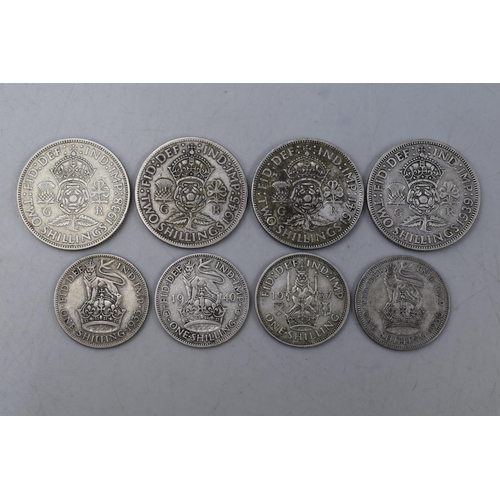 146 - Eight UK Silver Coins To Include Four Silver Shillings (1933-40), And Four Silver Two Shilling Coins... 