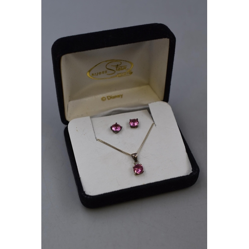 75 - A 925. Silver Pink Stoned Earring Pendant Necklace Set, In Presentation Box