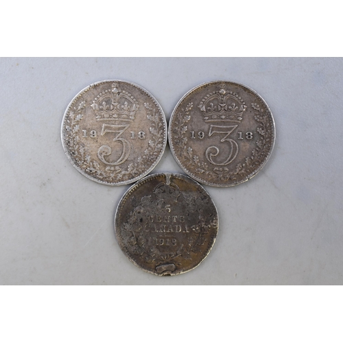 157 - Two King George V 1918 Silver Threepence Coins and One Silver 1918 Canada 5 Cent Coin