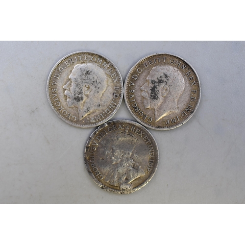 157 - Two King George V 1918 Silver Threepence Coins and One Silver 1918 Canada 5 Cent Coin