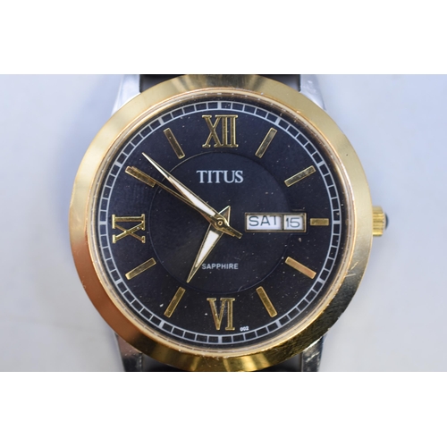 84 - A Titus Sapphire Black Dial Day/Date Gents Designer Quartz Watch, Working