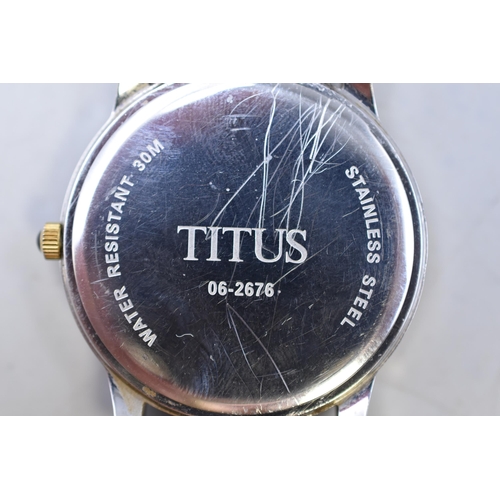 84 - A Titus Sapphire Black Dial Day/Date Gents Designer Quartz Watch, Working