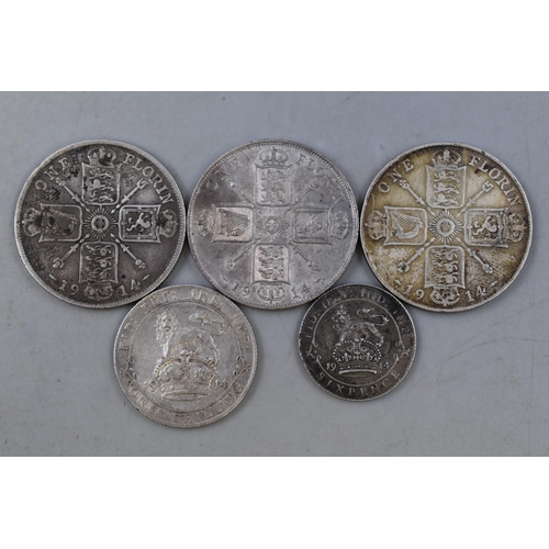 167 - King George V 1914 Silver Coin Collection To Include Three Silver Florin's, One Shilling and On... 