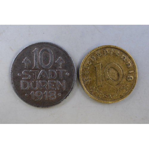 169 - Two German Vintage Coins, One a 1918 10 Pfennig Notgeld ( Emergency money) Issued During World War O... 