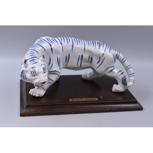 172 - A Blue and White Chinese 'White Tiger' Figure, On Wooden Plinth. Approx 12