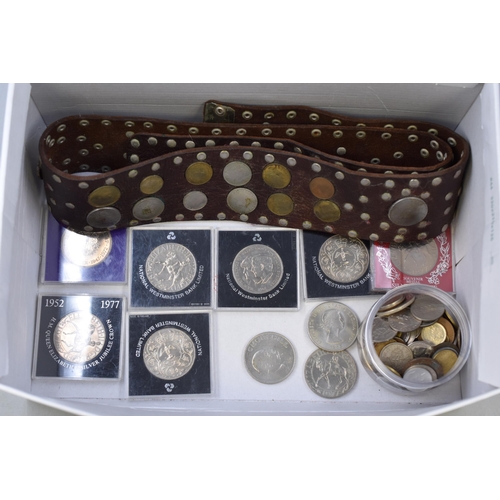 173 - Selection of Mixed Coinage, and a Vintage Leather Belt with a Varity of attached Coinage