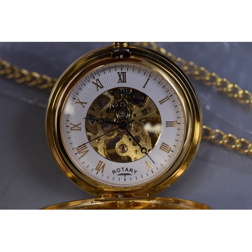 103 - Rotary Half Hunter Skeleton Pocket Watch with Original Chain and Box (Working)