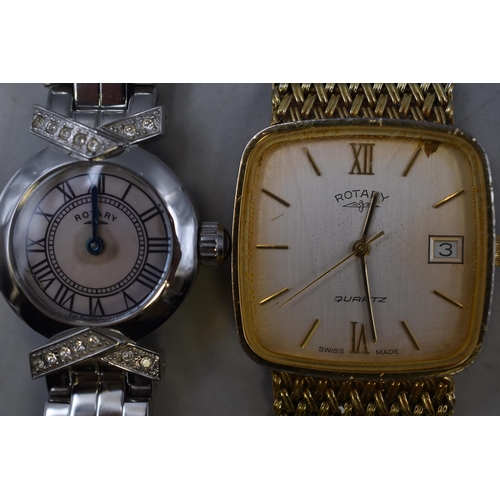 109 - Two Rotary Watches (Spares or Repairs) To Include Gold Tone Gents Day/Time, And Ladies Clear Stoned