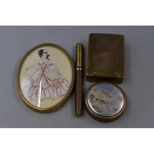 178 - Irene Wigley Hand painted Portrait, Brass Snuff Box, Max Factor Eye Liner and a Yardley Compact