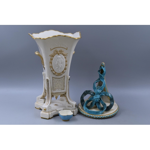 122 - Three Pieces of Royal Worcester To Include Leadless Glaze Small Cup, Turquoise and Gilt Ribbon Wall ... 