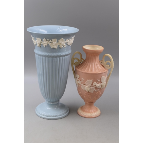 123 - A Large Wedgwood Embossed Queensware Blue and White Vase, With Pink and White Embossed Twin Handled ... 