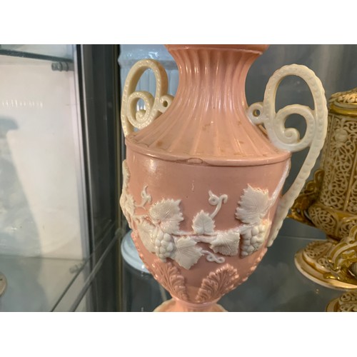 123 - A Large Wedgwood Embossed Queensware Blue and White Vase, With Pink and White Embossed Twin Handled ... 