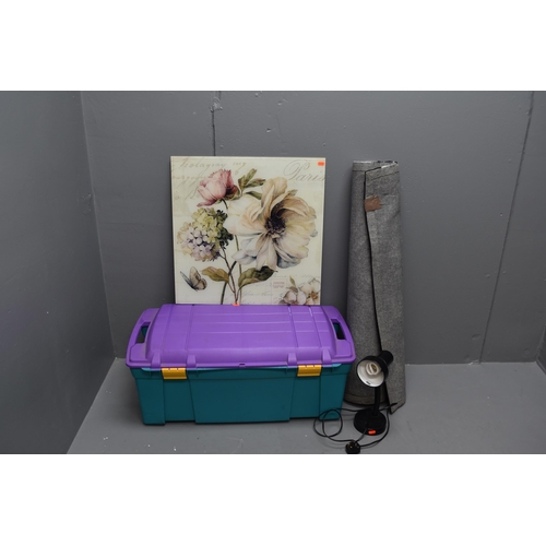 Stripe Acrylic Black & Grey Rug (100 x 150cm) Large Toy Trunk, Glass wall art flower picture and a Desk Lamp (Working)