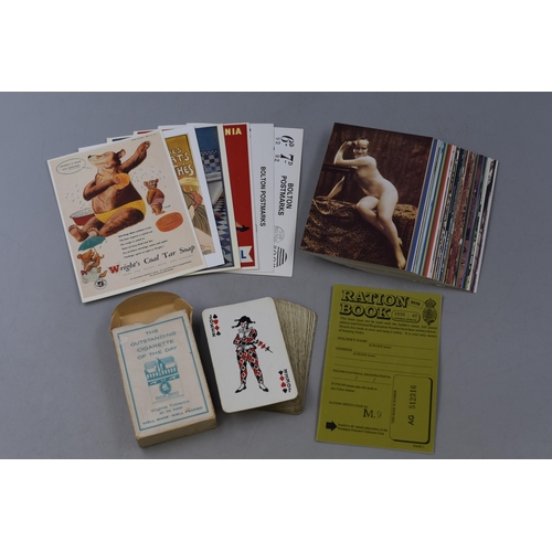A Selection of Collectables To Include Senior Service Playing Cards, Reproduction Ration Book, Nostalgia Vintage Style Postcards
