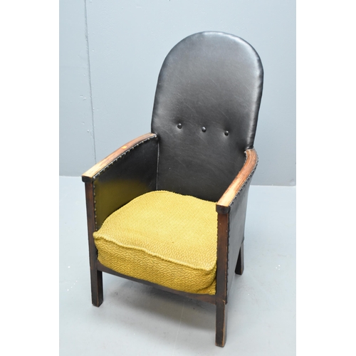 A Vintage Oak Frame Studded Leather Bedroom Chair, With Sprung Yellow Fabric Cushion. Approx 95cm Tall