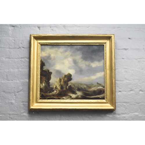 115 - A Framed Original Pieter Mulier The Elder 17th Century Oil on Board Painting 'Ships in a Storm', App...