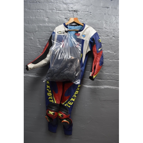 Texport mens 1 piece motorcycle leather suit possibly size 52 also comes with a pair of leather pants unsure of size