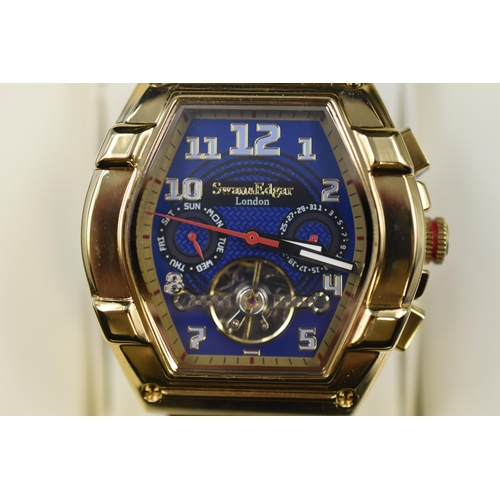 96 - Swan & Edgar Mechanical Gents Watch with Skeleton Movement, Leather Strap, Case and Paperwork