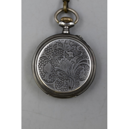 102 - Hedomas 8 day Movement Mechanical 800 Silver Cased Pocket watch with 800 Silver Chain
