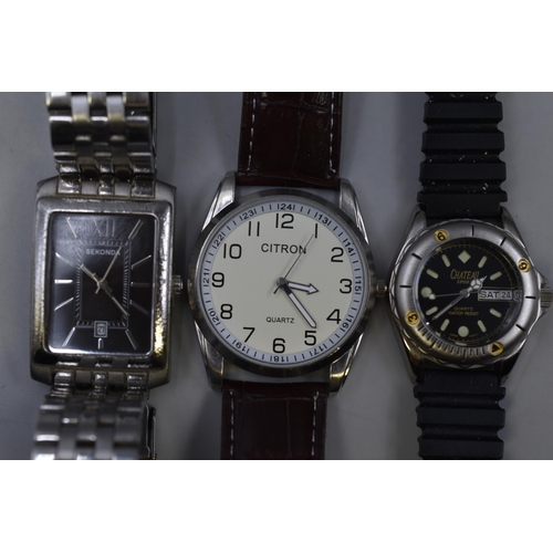 105 - Three Quartz Watches (Working) To Include Rectangular Black Dial Sekonda, Citron, And Chateau Sport