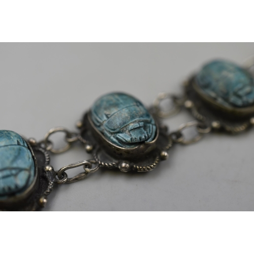 151 - Silver Egyptian Revival Carved Scarab Bracelet complete with Presentation Box