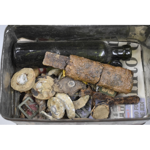 237 - Vintage Metal Tin Containing Metal Detecting Finds Including Inert Bullets, Glass Bottle and More