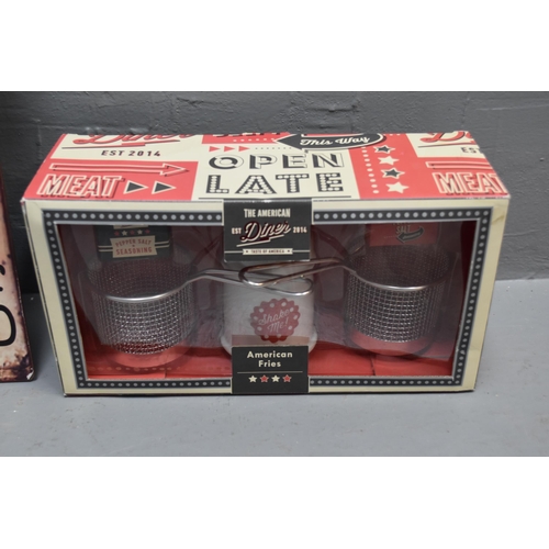 407 - Vintage Style Tin Plate Family Rules Sign (76cm x 30cm) and a New American Diner Fries Set