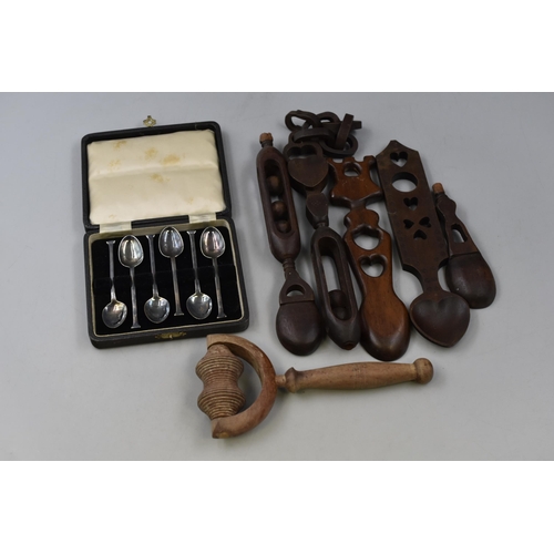 433 - Cased Set of Silver Plated Tea Spoons with Wooden Loving Spoon and Roller