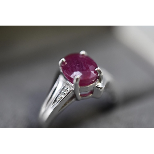 19 - White Gold 9ct (375) Royal Ruby & Diamond Ring Complete with Certificate and Box