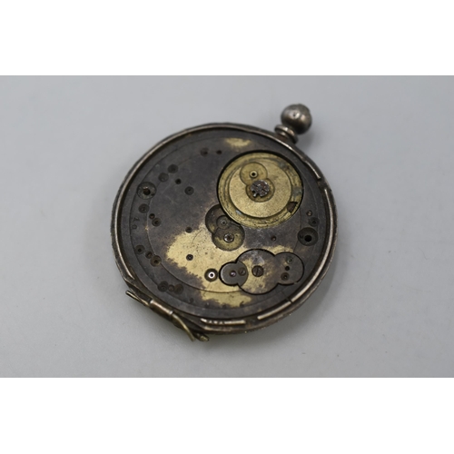 31 - A .955 Silver Cased Embossed Pocket Watch, Spares or Repairs
