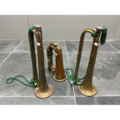 Three Antique Brass and Brass and Copper Bugles