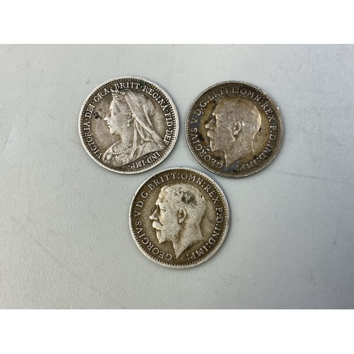 141 - Three Victorian and George V Silver Three Pence Coins (1900, 1917, 1919)