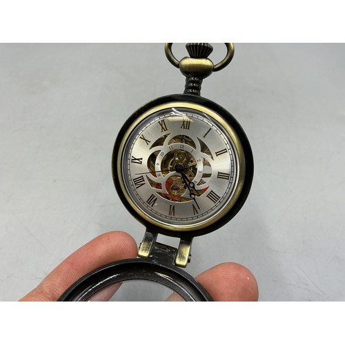 188 - A Vintage Style Mechanical Skeleton Pocket Watch With Open Face and Brushed Metal Case - Working