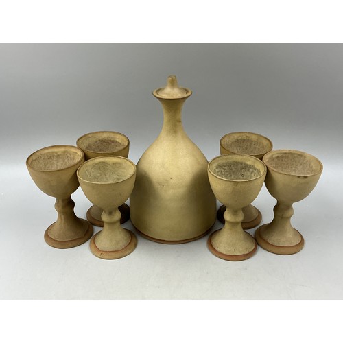 Vintage Stoneware Lidded Decanter and Six matching Goblets