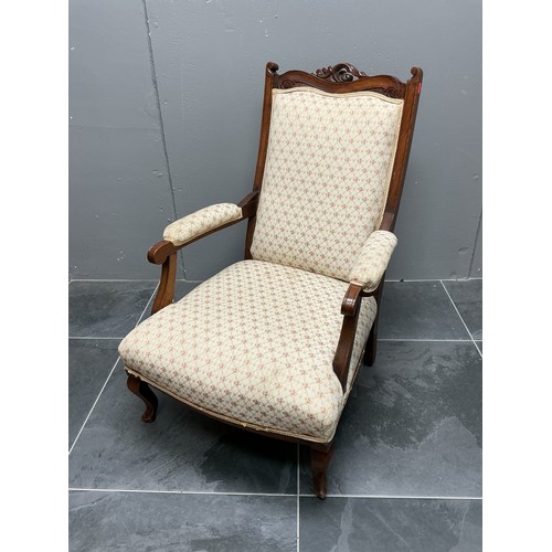 Stunning Victorian/Georgian Lounge Chair with Hand Carved Solid Teak Frame and Nice Re-Upholstered Back and Seat Base, a real nice example of early craftsmanship