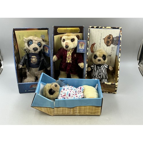 Four Collectable Boxed Meerkat Toys to include Oleg, Vassily, Safari Oleg and Aleksandr