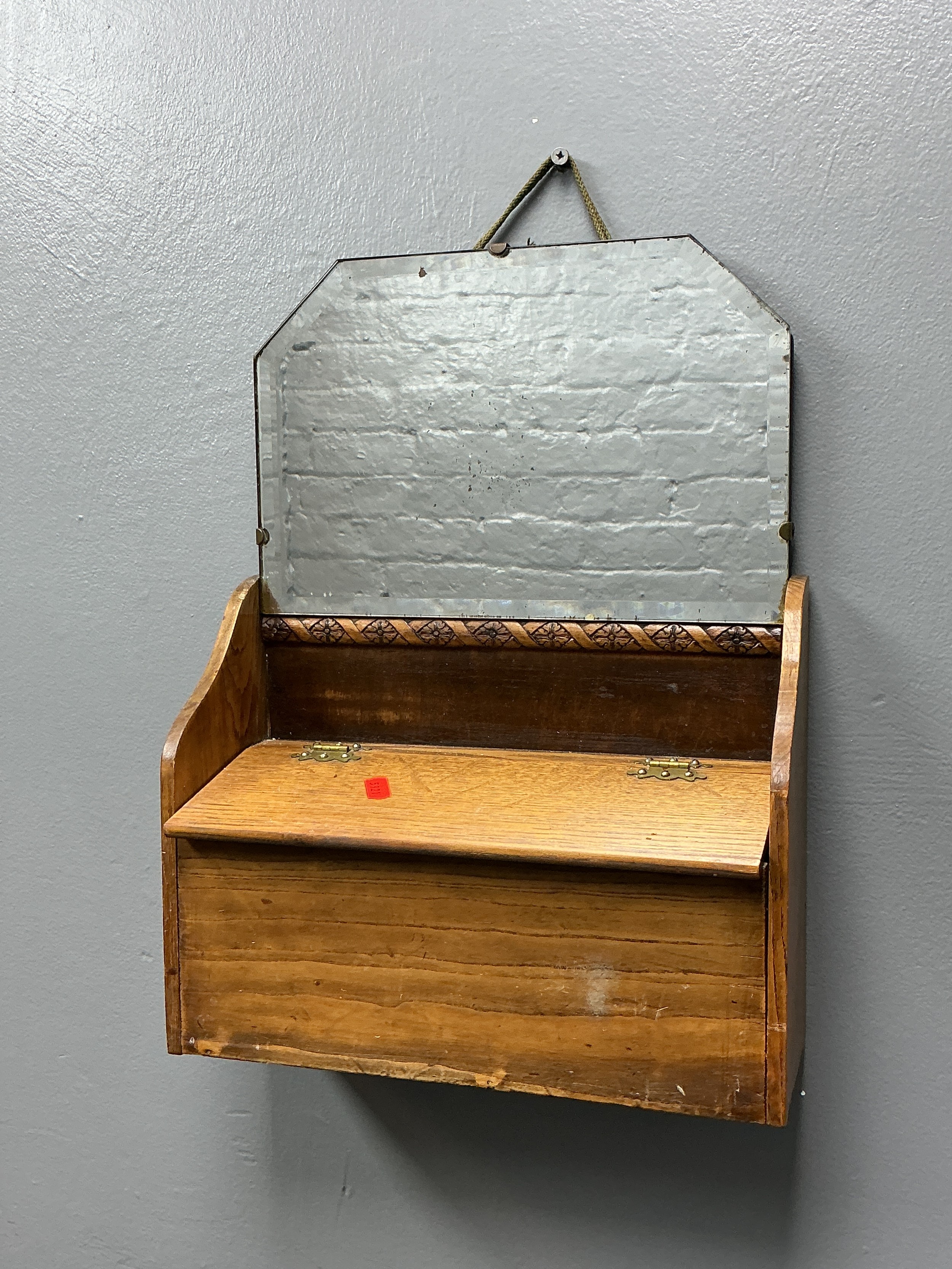 A Vintage Oak Wall Mounted Chapel Box With Mirror. Approx 43.5cm Tall